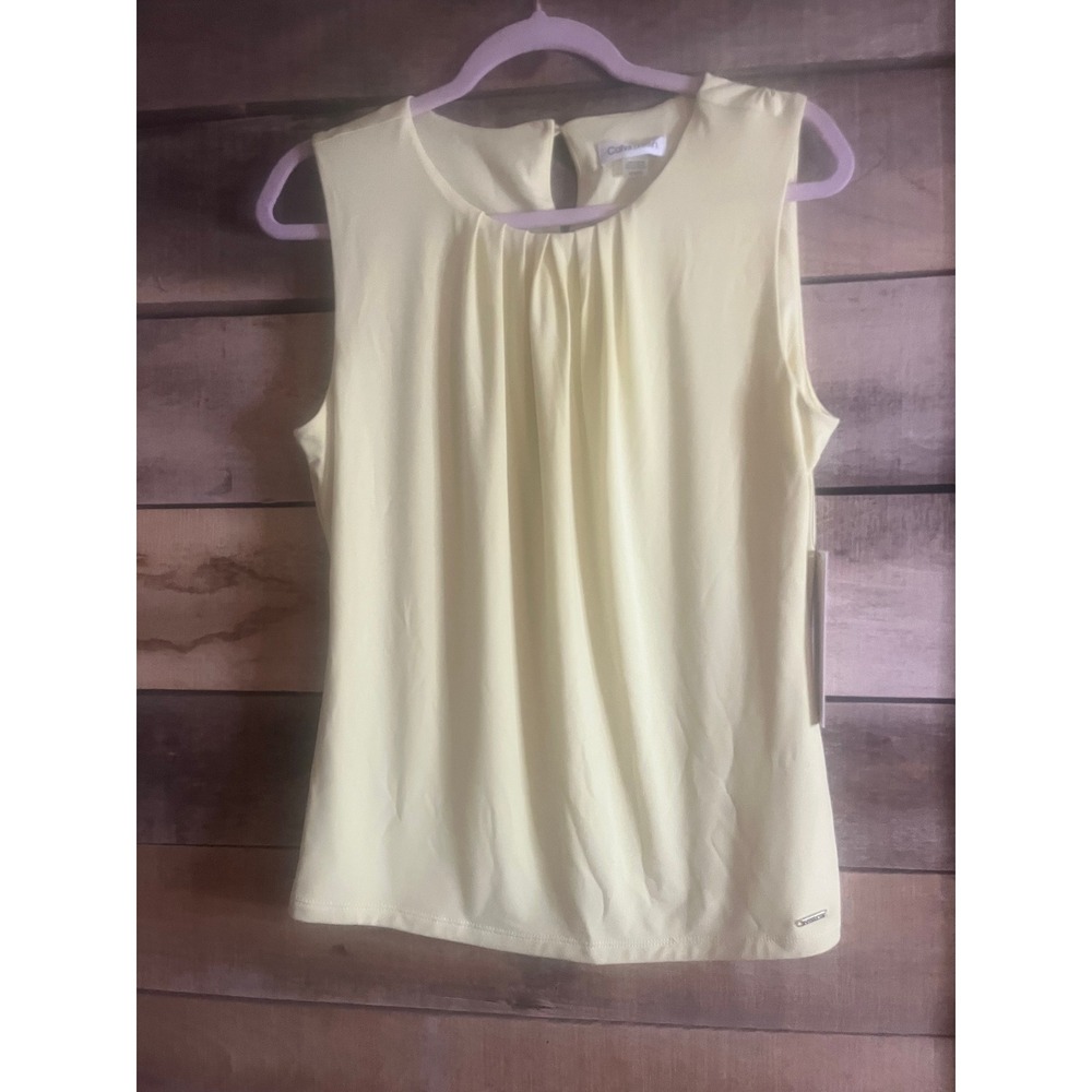Calvin Klein Womens Pale Yellow Pleated Neck Sleeveless Shell Blouse NWT